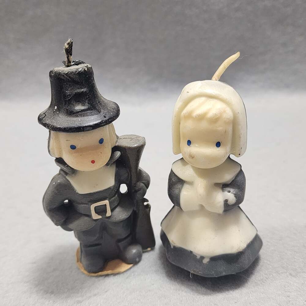 Thanksgiving Boy & Girl Pilgrims Wax Candles Holiday Gurley Vintage 1950s NOS